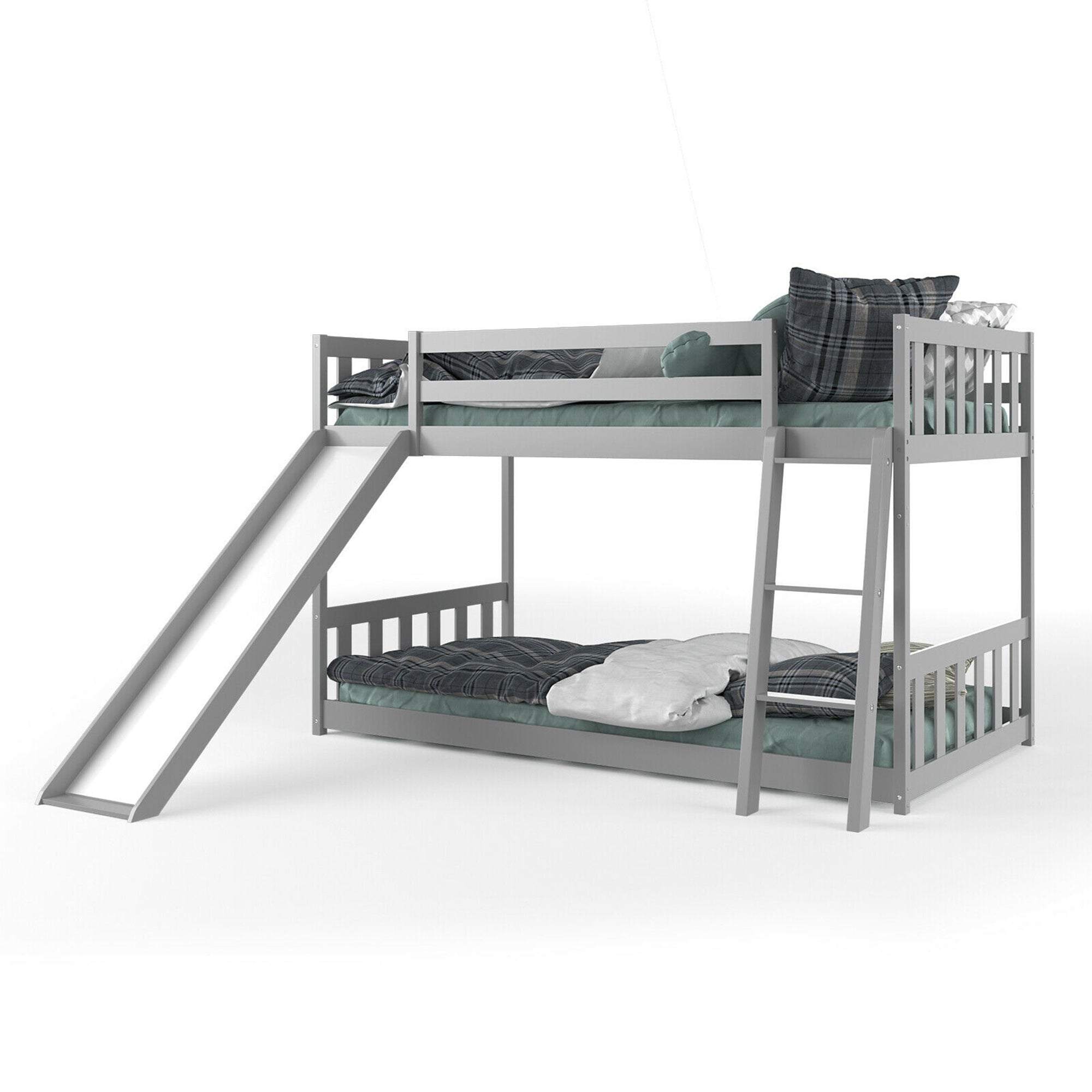 Gymax Twin over Twin Bunk Wooden Low Bed with Slide Ladder for Kids Grey