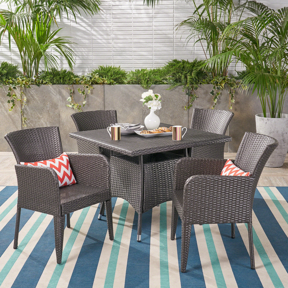 GDF Studio 5 Piece Dilon Outdoor Wicker Dining Set  Gray   Tropical   Outdoor Dining Sets   by GDFStudio  Houzz