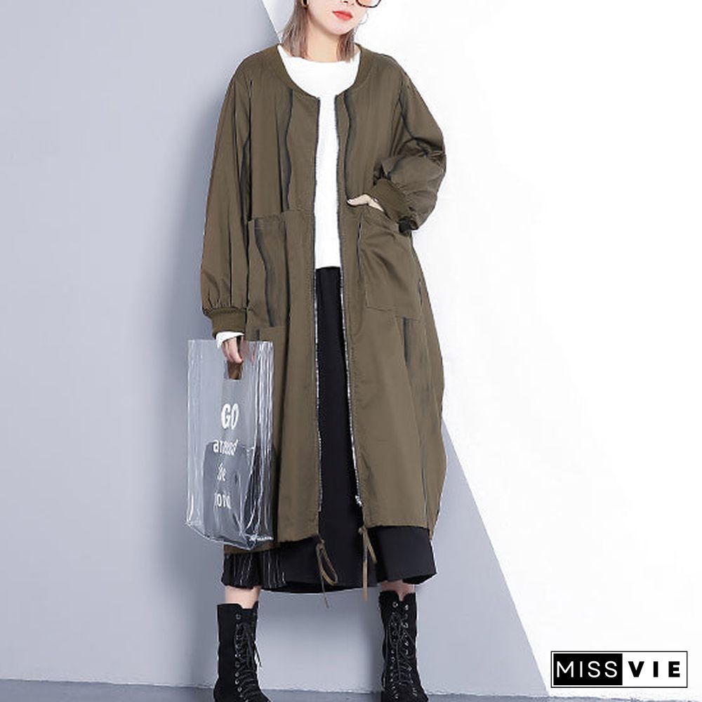 fine army green coat plus size stand collar long coat New Cinched baggy trench coat