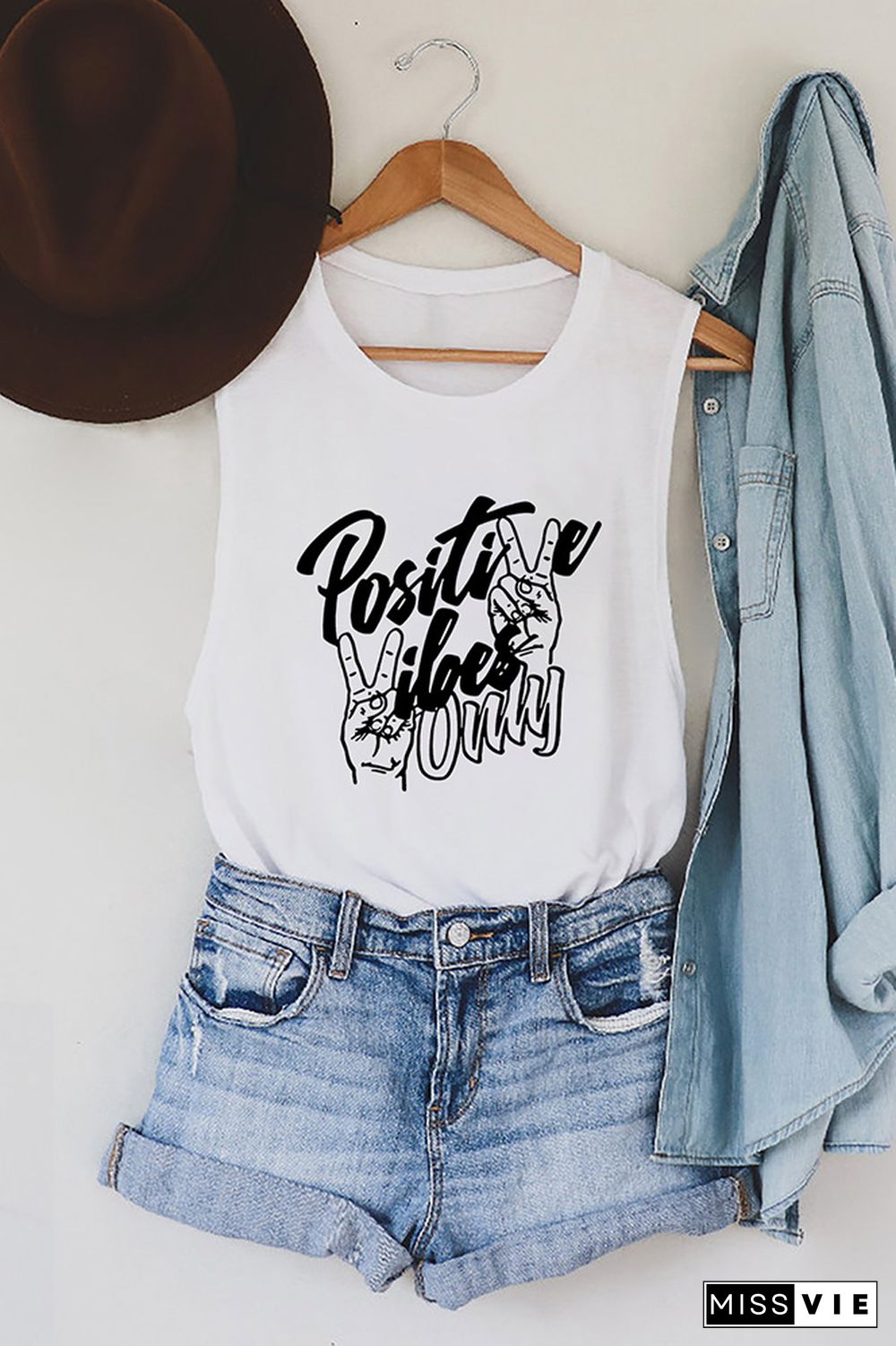 Positive Vibes Print Sleeveless Graphic Tank Top