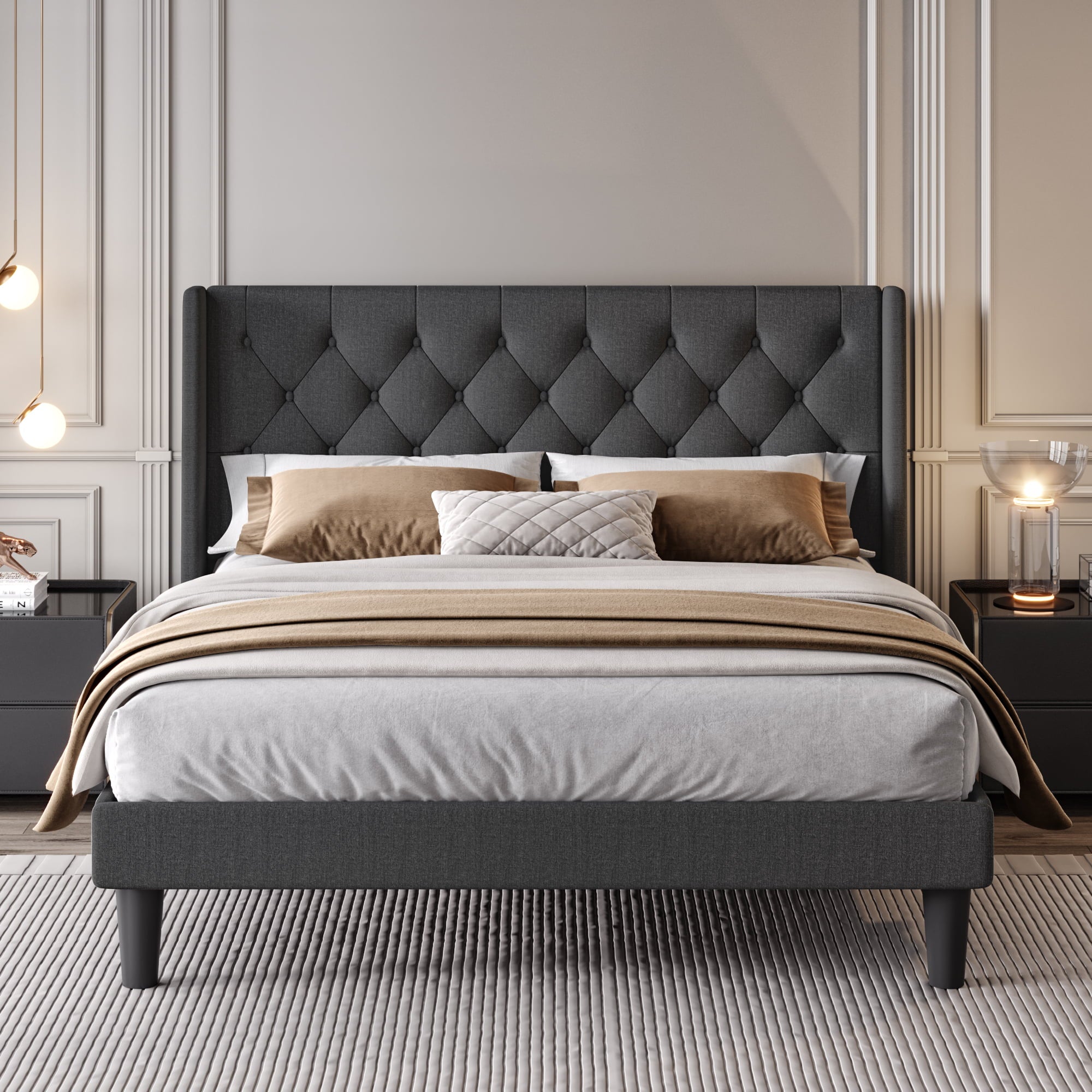 SHA CERLIN Queen Platform Bed Frame with Wingback and Button Tufted Headboard, Dark Grey