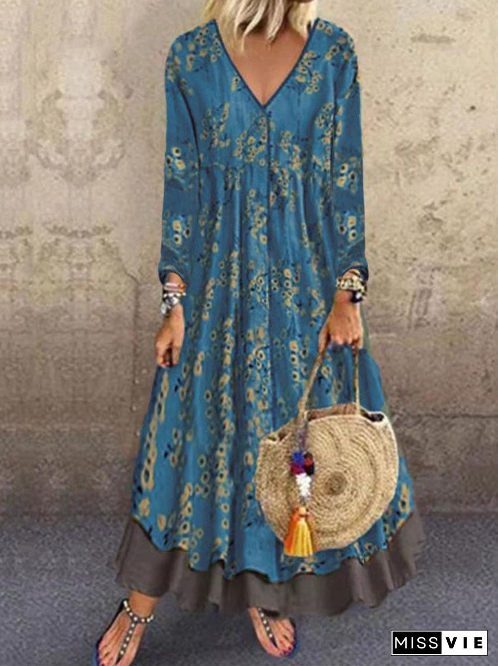 Women's 3/4 Sleeve V-neck Graphic Floral Printed Maxi Dress