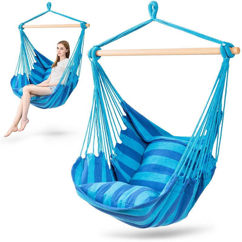 4 Color Deluxe Hammock Rope Chair Porch Yard Tree Hanging Air Swing Outdoor-Blue