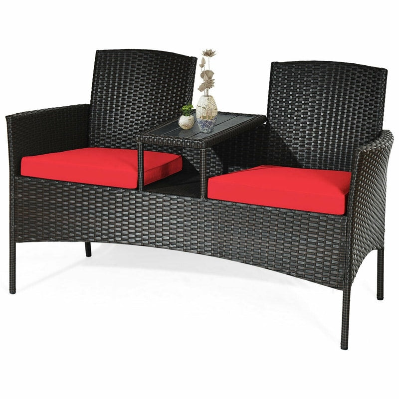 Rattan Outdoor Loveseat Bistro Set with Built-in Coffee Table & Cushions, Wicker Patio Conversation Set