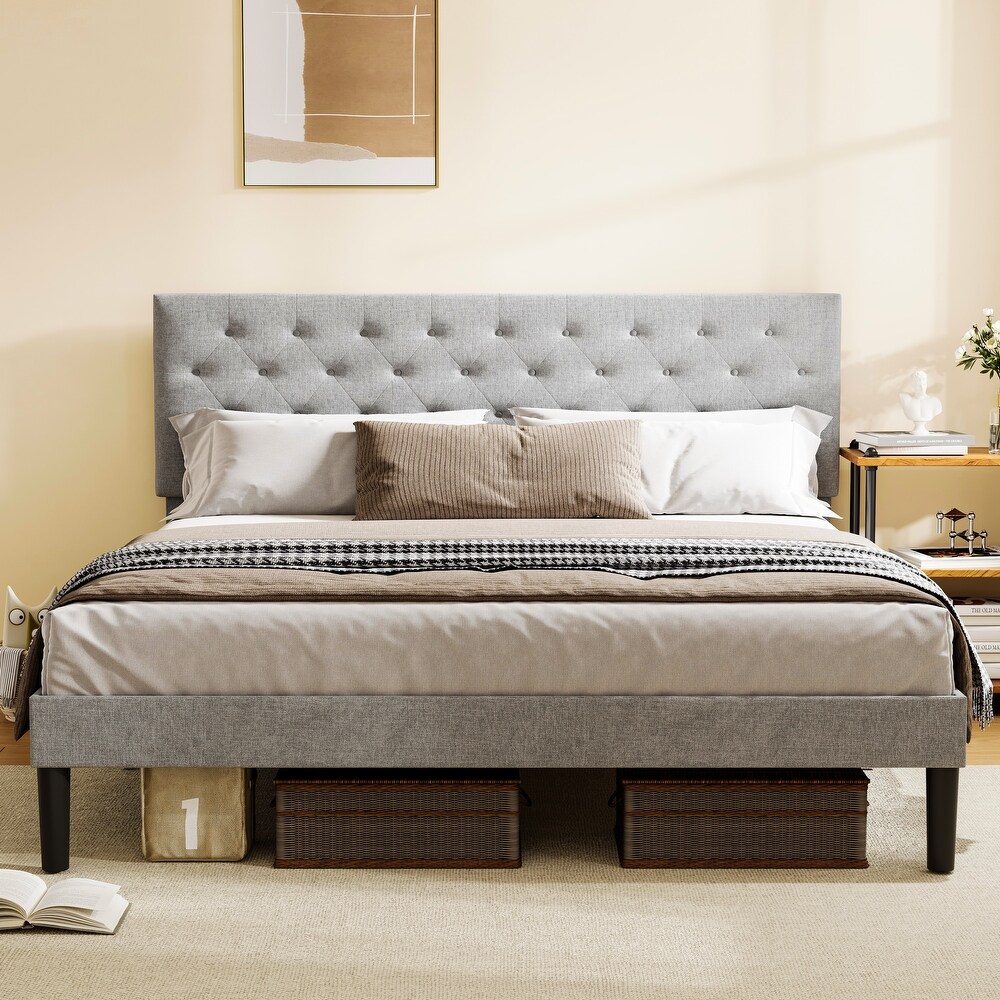 Simple Wood Slat Support Platform Bed Frame Adjustable Headboard Bed