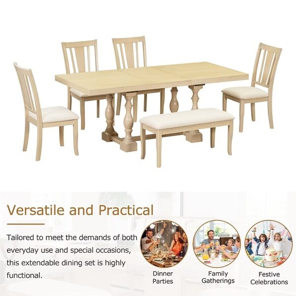 Extendable Dining Table Set with Removable Leaf，Padded Chairs and Bench