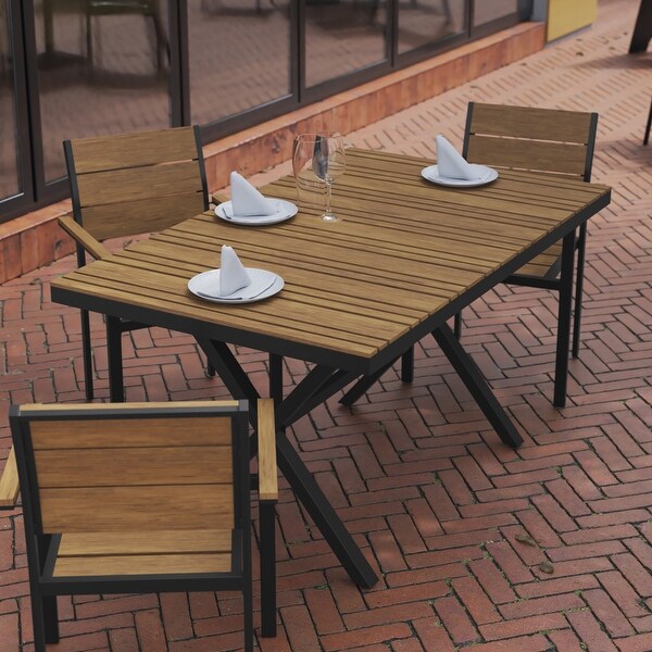 Commercial 59 x 35.5 Cross Frame Faux Teak Outdoor Patio Table