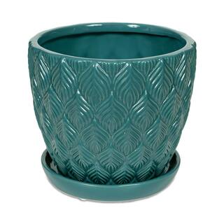 Vigoro 8 in. Colusa Small Teal Leaf Textured Ceramic Planter (8 in. D x 7.3 in. H) with Drainage Hole and Attached Saucer 527358