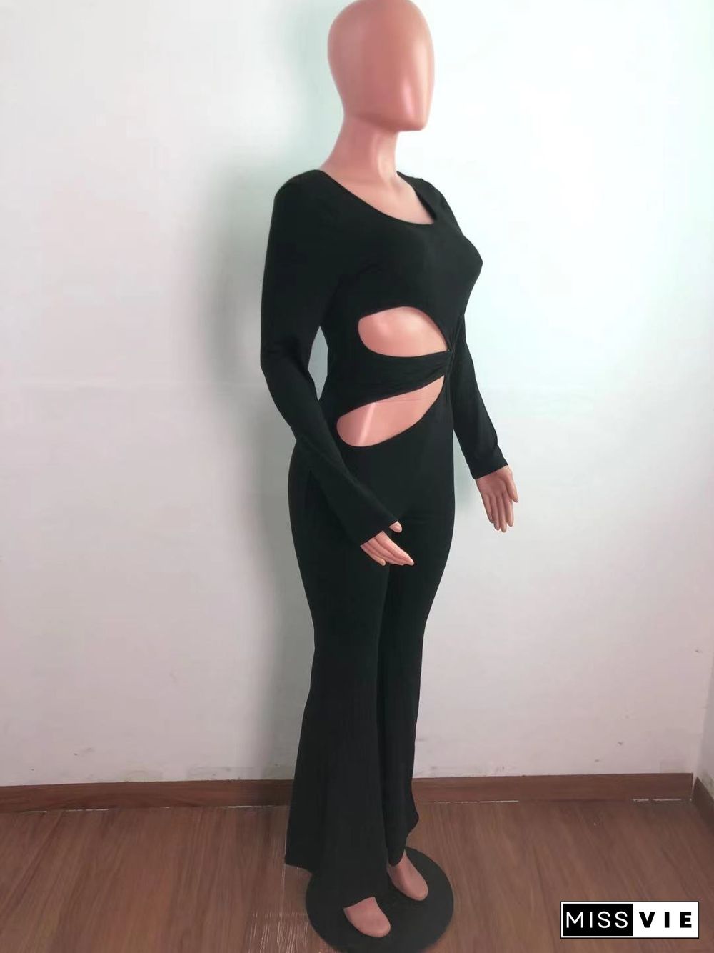 Hollow Out Square Neck High Waist Wide Leg Jumpsuit