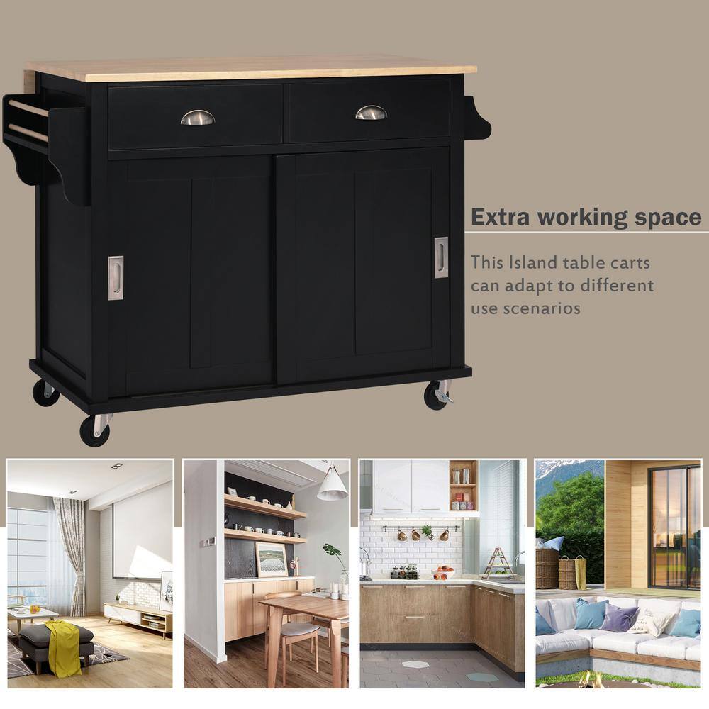 Black Rubber Wood Top 52.2 in. W Kitchen Island on 4-Wheels with Sliding Barn Door and 2-Drawers VJ033KIsland26