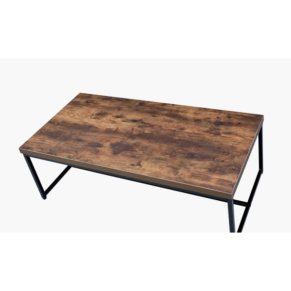 Metal Framed Coffee Table with Wooden Top， Weathered Oak Brown and Black