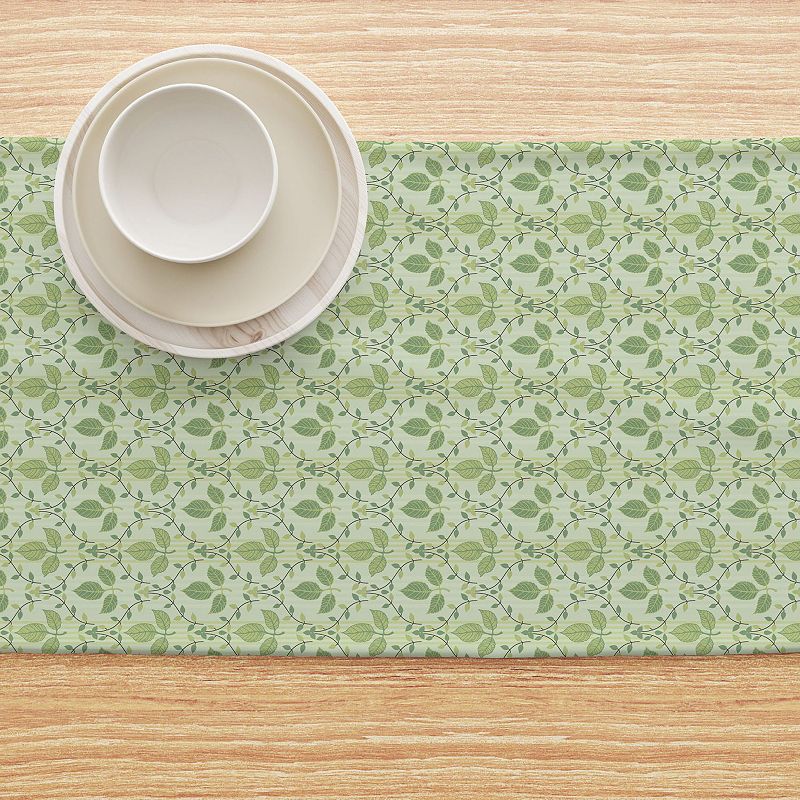 Table Runner， 100% Cotton， 16x90， Green Leaves Ornaments