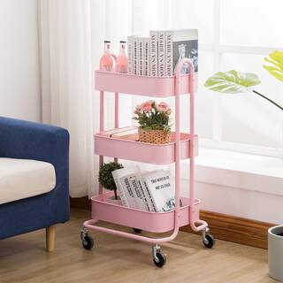 Huluwat 3-Tier Metal 4-Wheeled Shelves Storage Drawer Cart in Pink RY-TC-USBO4505