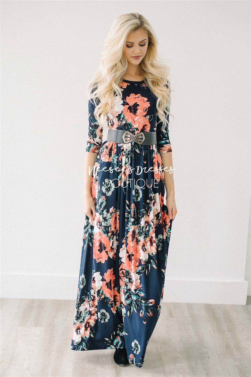 Navy Watercolor Floral Maxi Dress