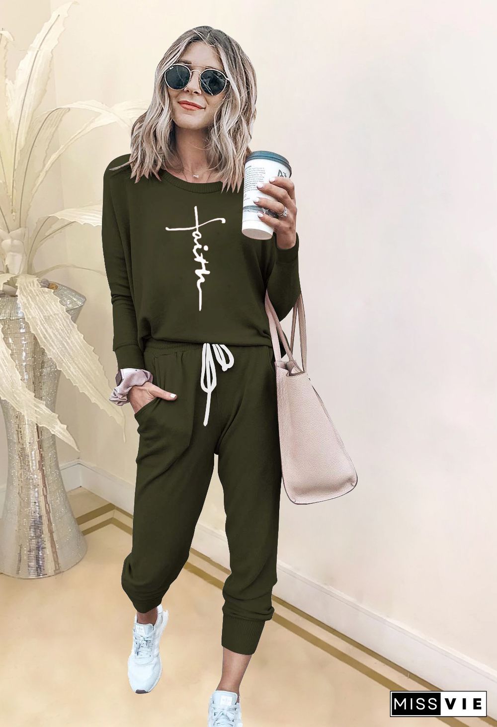 Casual Long Sleeve T Shirt Lounge 2 Piece Pants Set