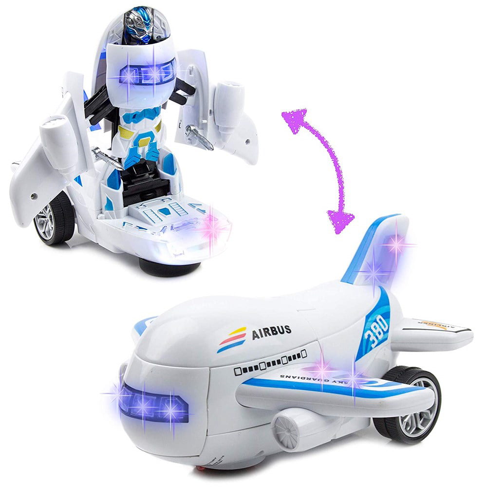 Toysery Deformation Airplane Toy Robot， Battery Operated Transformers Robot Toy with LED Light and Realistic Sounds， Bump and Go Action Airplane for Boys， Girls， Kids