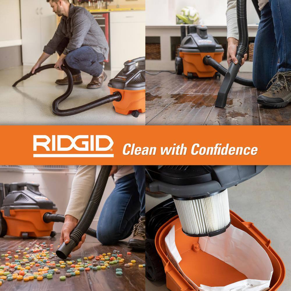 RIDGID 4 Gallon 5.0 Peak HP Portable WetDry Shop Vacuum with Fine Dust Filter Dust Bags Locking Hose and Accessories WD4070D