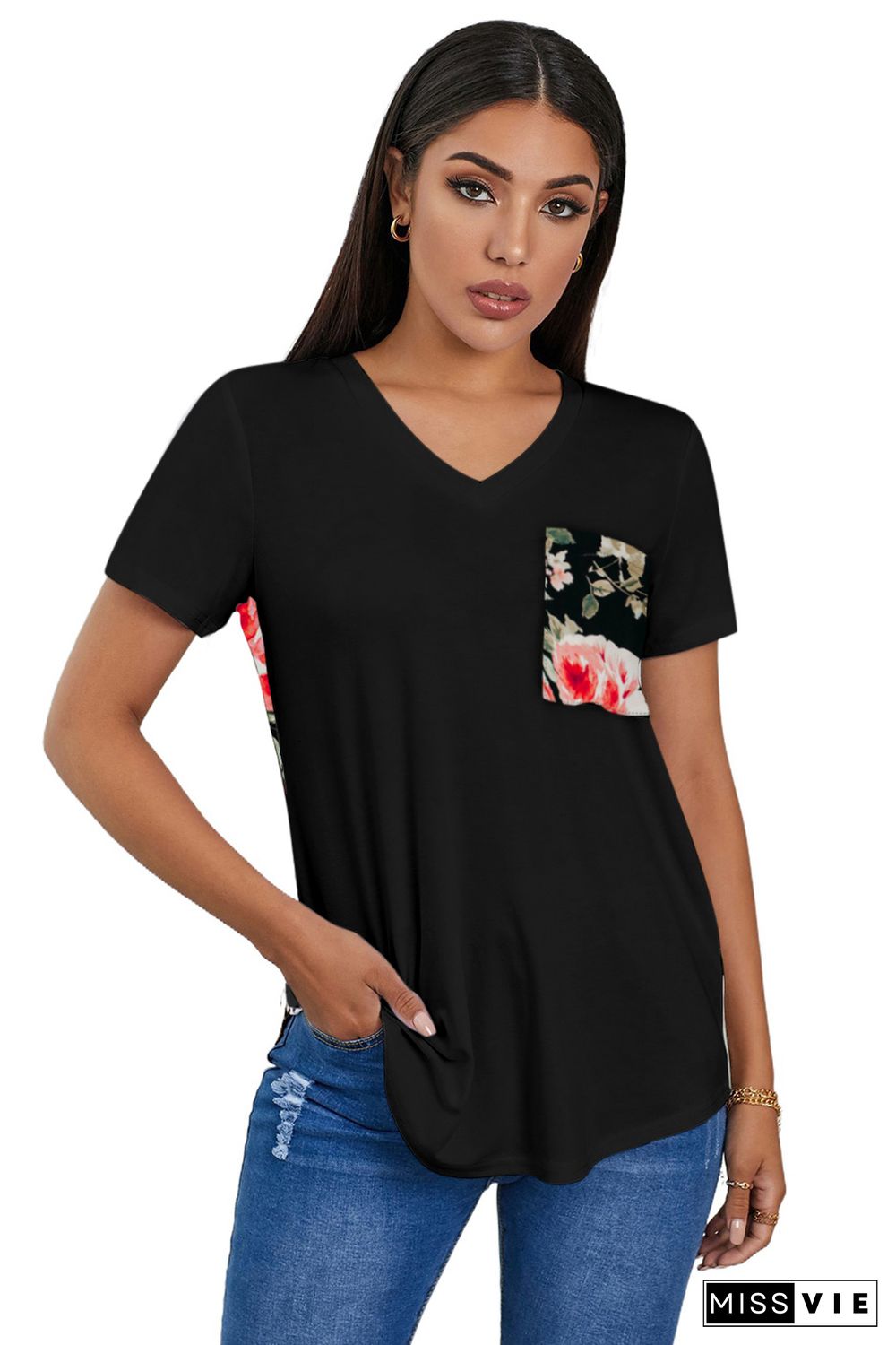 Black Women's Casual Floral Printed Splicing Pullover Pocket T-shirt