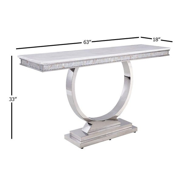 ACME Zander Sofa Table in White Printed Faux Marble and Mirrored Silver Finish