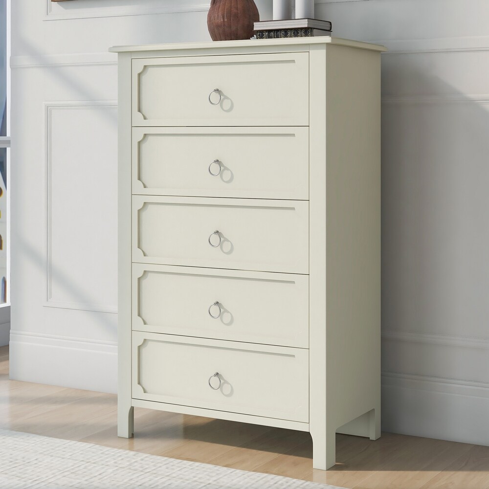 Milky White Chest Five Large Drawers Silver Metal Handles