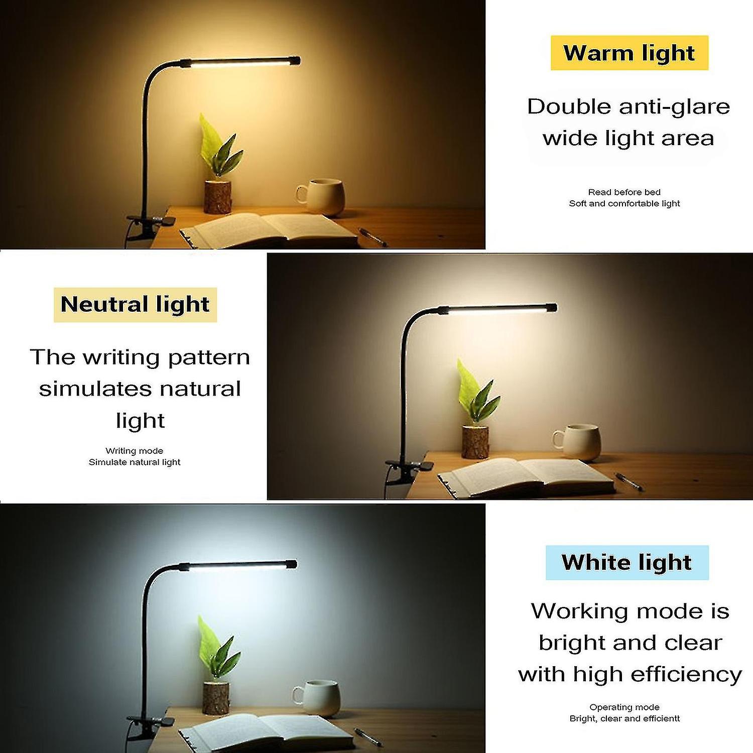 8w Led Clip On Lamp， Desk Light With 3 Modes 2m Cable Dimmer 10 Levels Clamp Table Lights