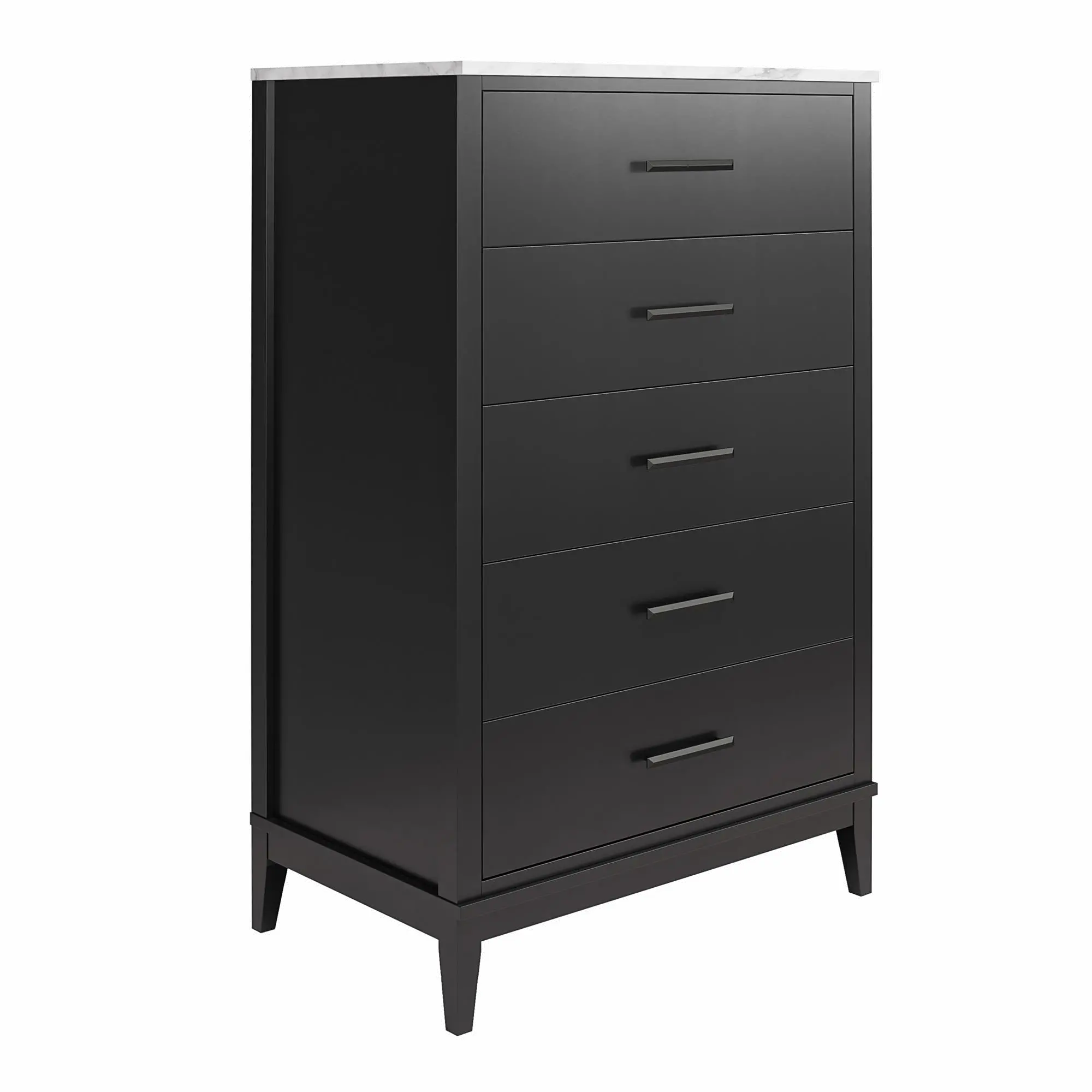 Lynnhaven Black 5 Drawer Dresser with White Marble Top