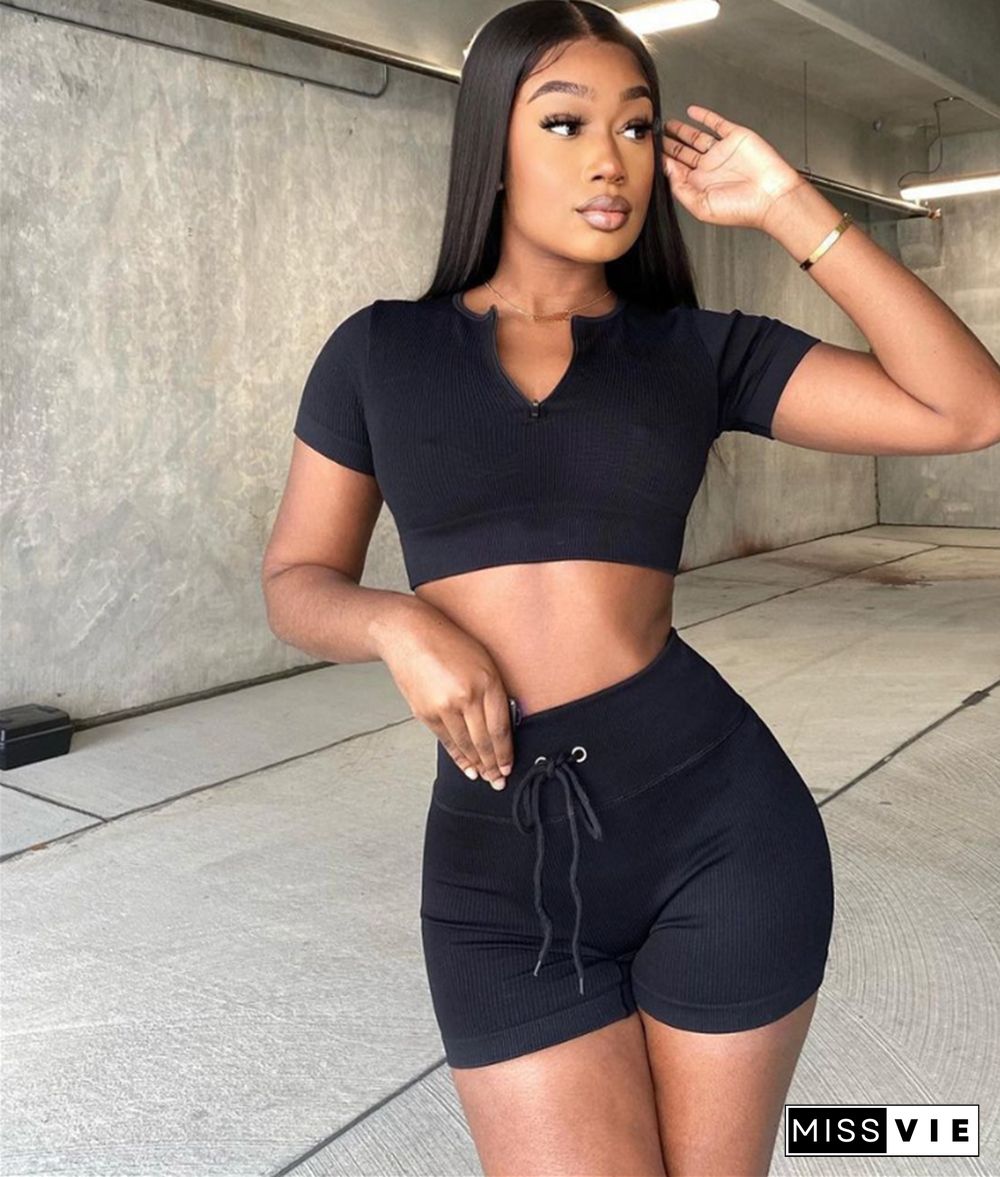 Knitted Short Sleeve Crop Top Biker Shorts Tracksuits