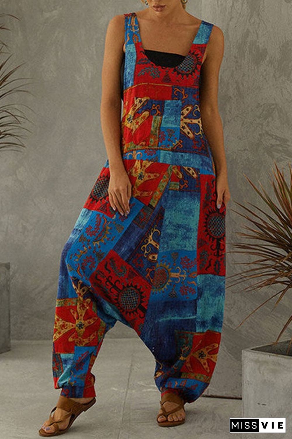 Fashion Retro Printed Loose Jumpsuits