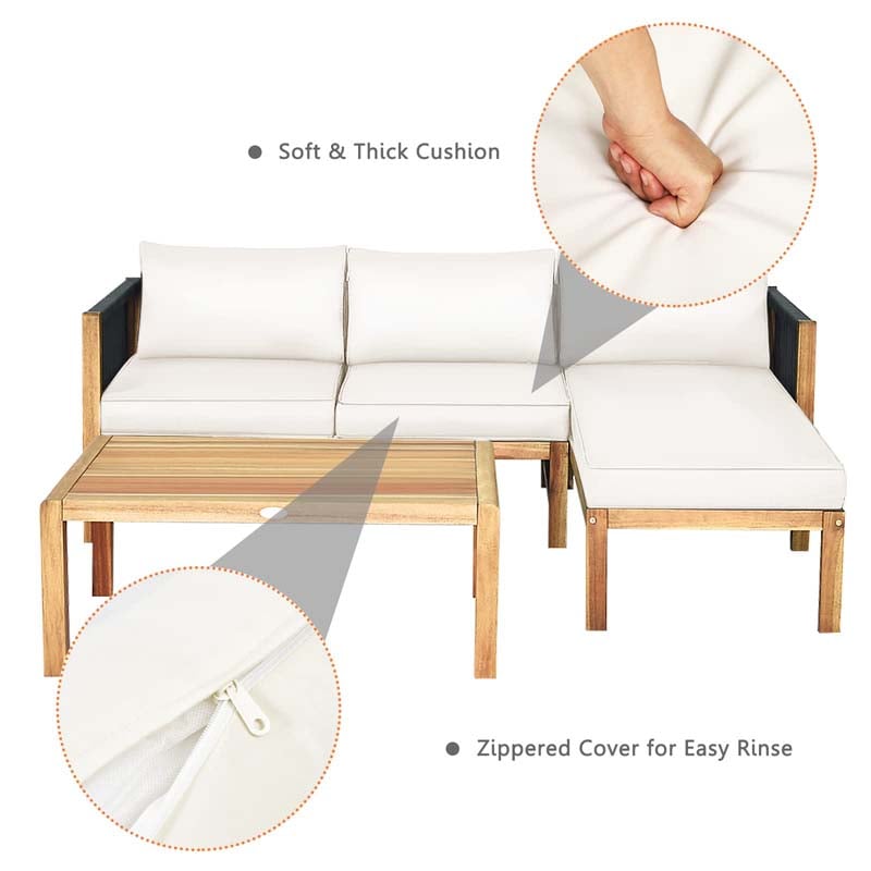 3 Pcs Acacia Wood Patio Conversation Set with Nylon Rope Armrest, L Shape Outdoor Furniture Set