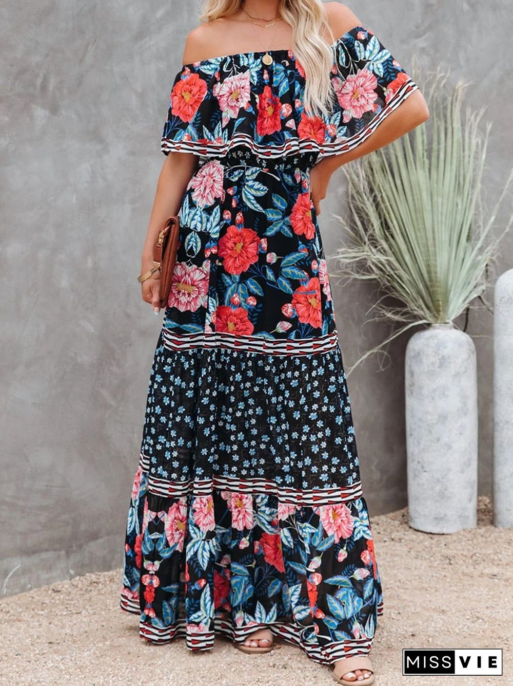 Bohemian One-Shoulder Print Long Swing Dress