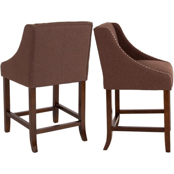 Brown Fabric Upholstered Counter Height Dining Stools with Nailhead Trim