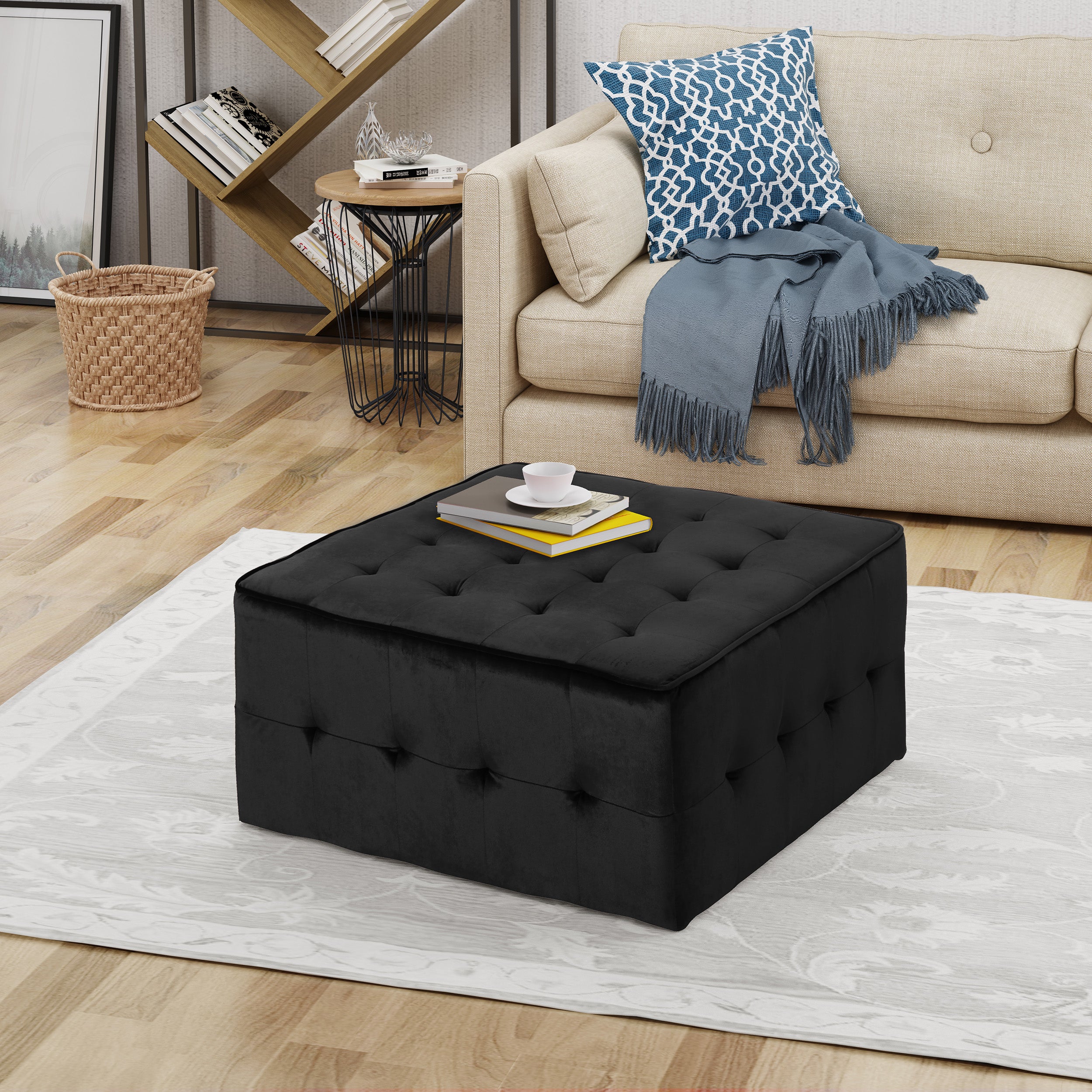 Justin Modern Glam Tufted Waffle Stitch Velvet Square Ottoman Coffee Table