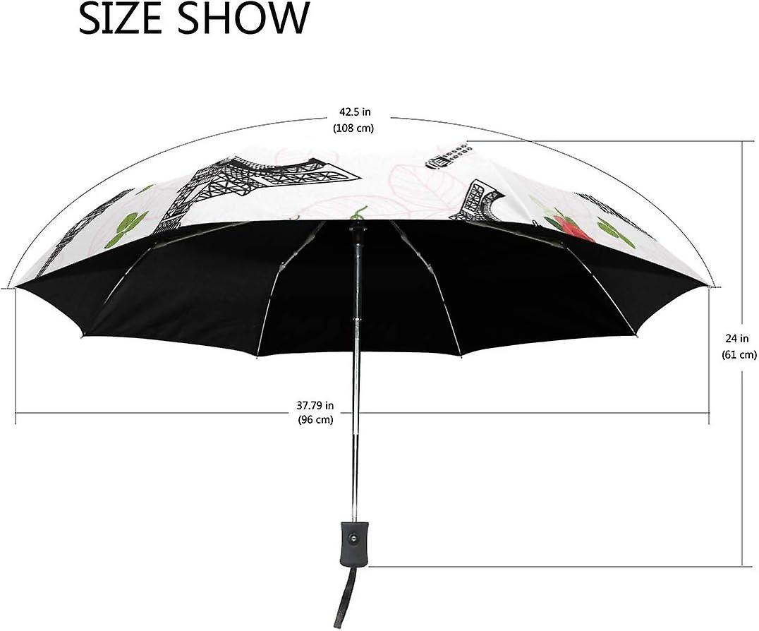 Travel Umbrella Automatic Windproof Foldable Umbrella Black Red Eifel Tower Paris And Roses Flowers