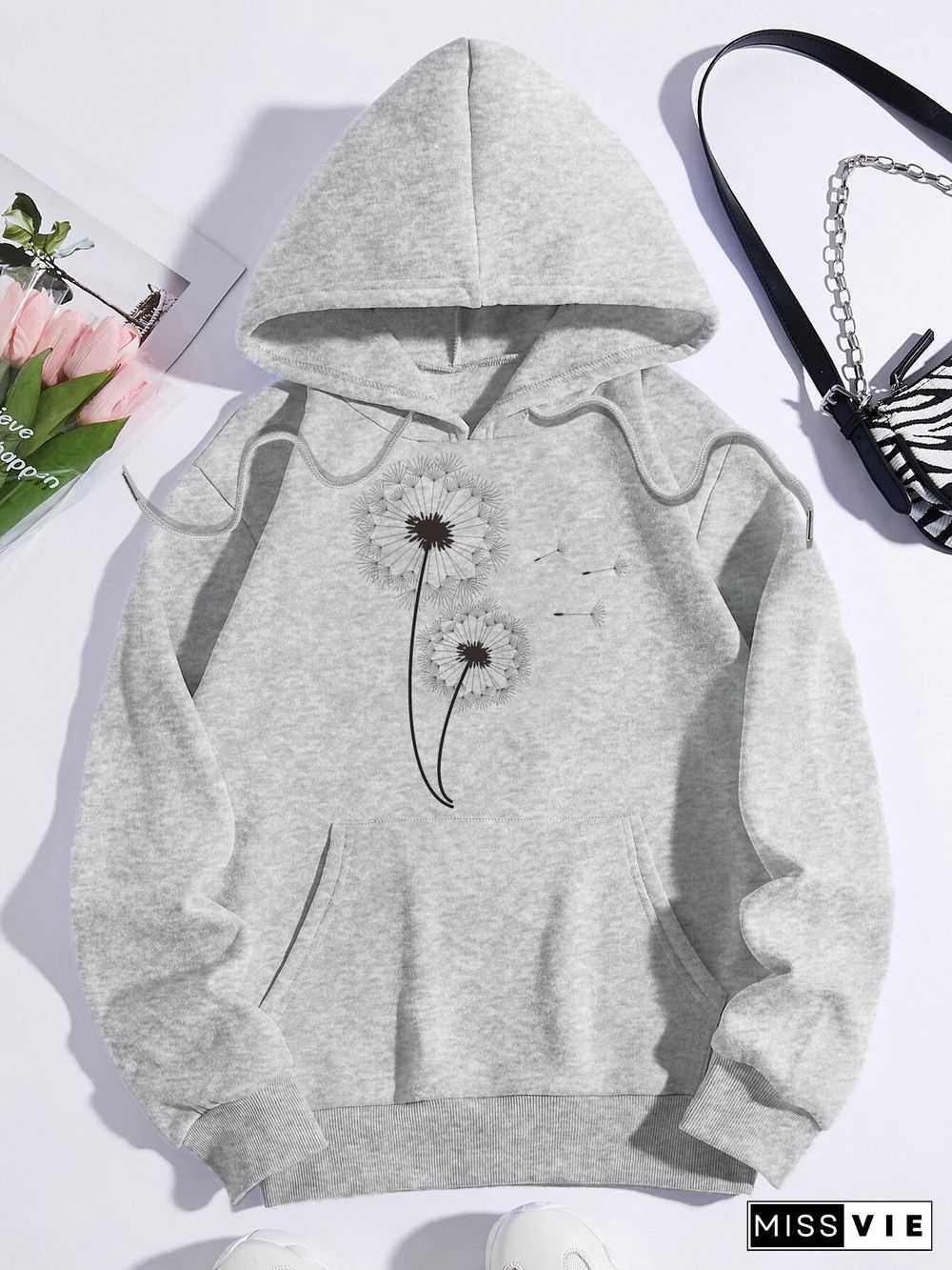 Printed on front Kangaroo Pocket Hoodie Long Sleeve for Women Pattern Dandelion