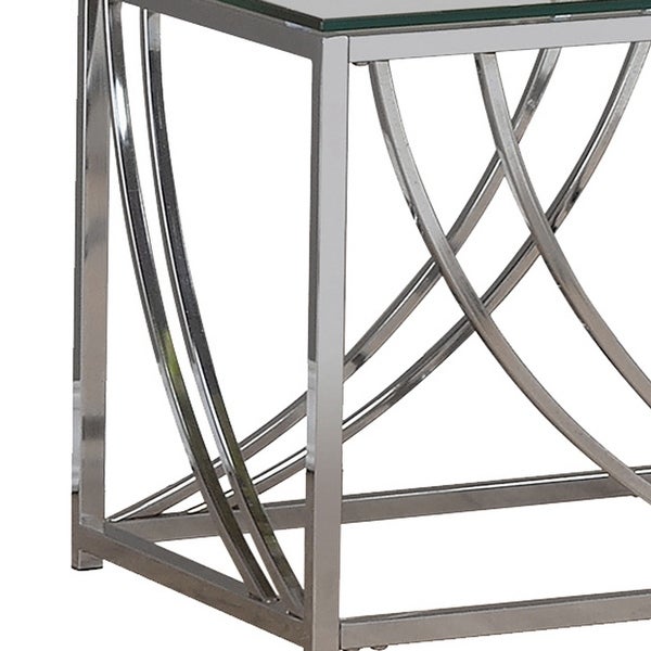 Tempered Glass Top End Table with Metal Tubular Legs， Chrome and Clear