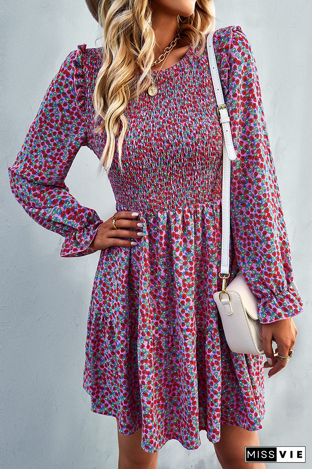 Smocked Puffy Long Sleeves Floral Dress