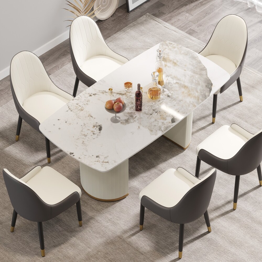 71 '' Modern Dining Table for 8  Rectangular Curved Marbel Tabletop + Beige Double Pedestal   N/A