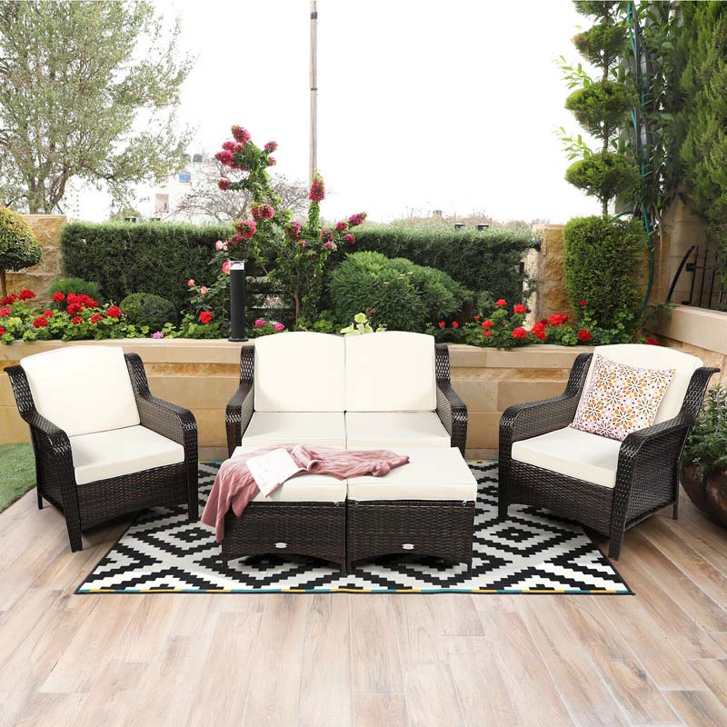 5 Pcs Rattan Wicker Patio Furniture Set with Loveseat, Single Sofas & Ottomans, Outdoor Conversation Sets