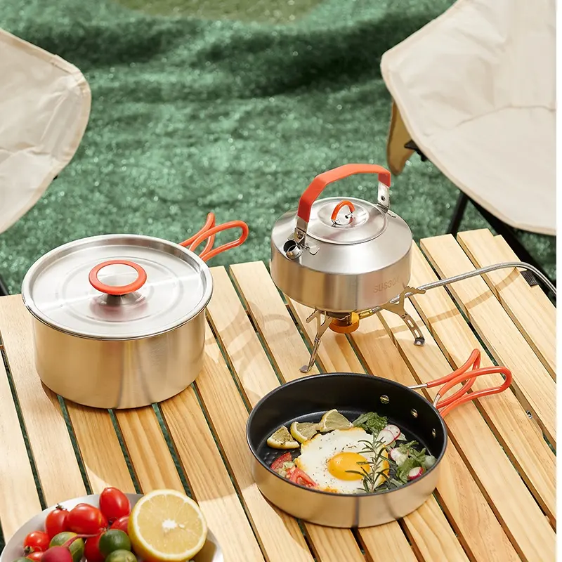 Camping Equipment Camp Hiking Cookwar Stainless Steel Stackable Kettle Pot Non Stick fry Pans Set Fordable Silicone Handle