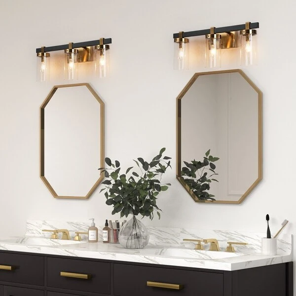 Modern Elegant 3-Light Black Gold Bathroom Vanity Light Dimmable Glass Wall Sconces