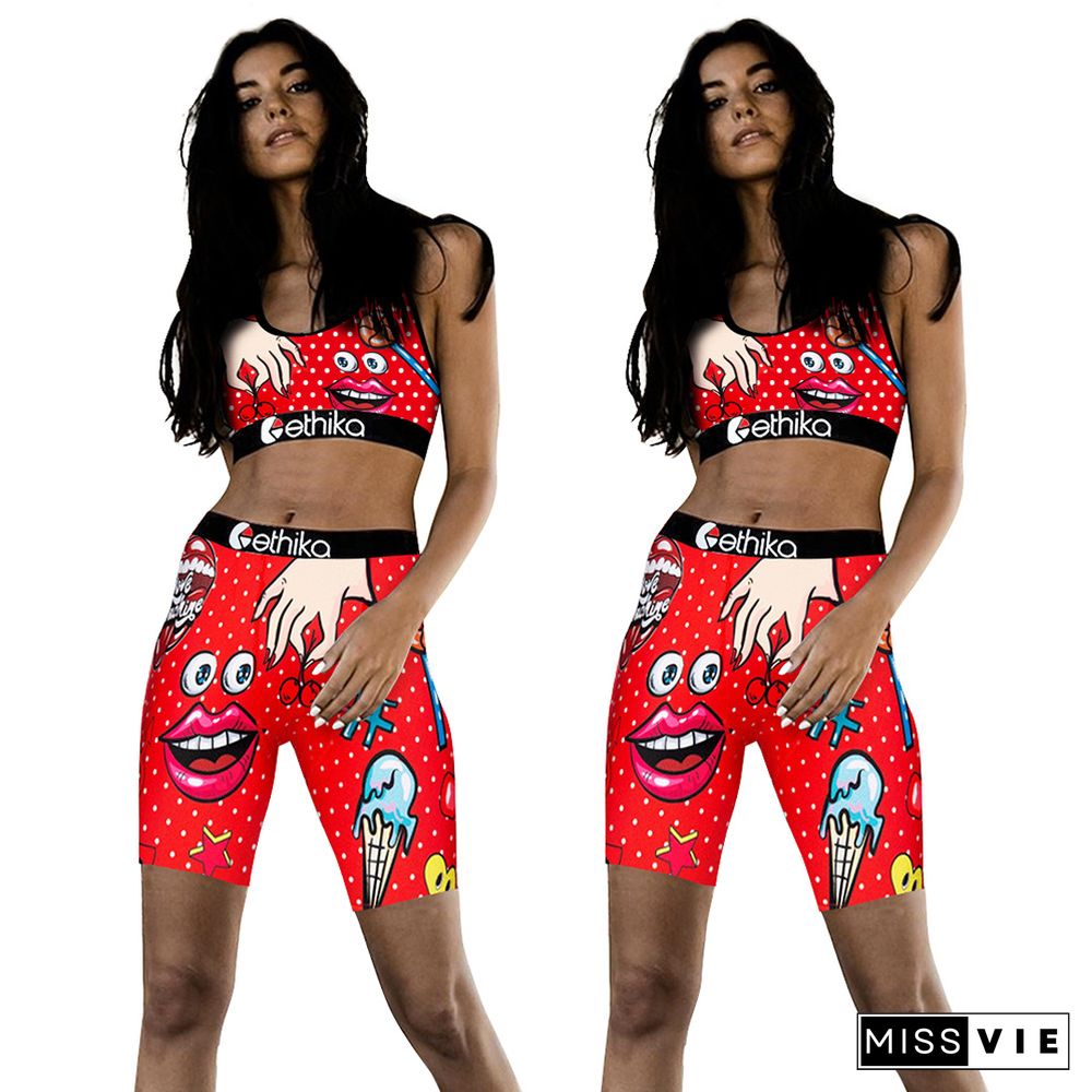 Casual Cartoon Lips Fashion Tank Top Two Piece Set