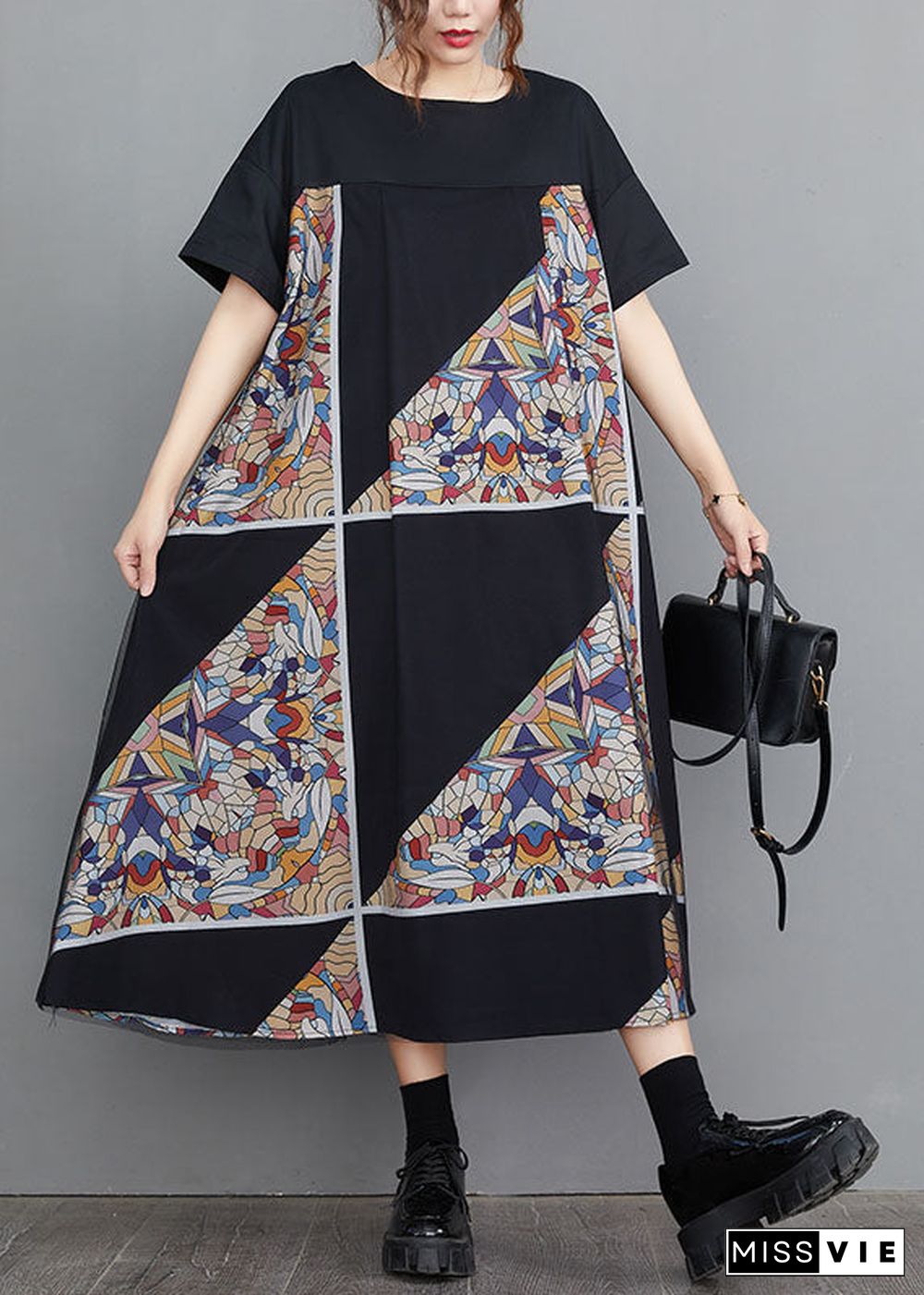 Modern Black O-Neck Tulle Patchwork Geometric Print Cotton A Line Dresses Short Sleeve