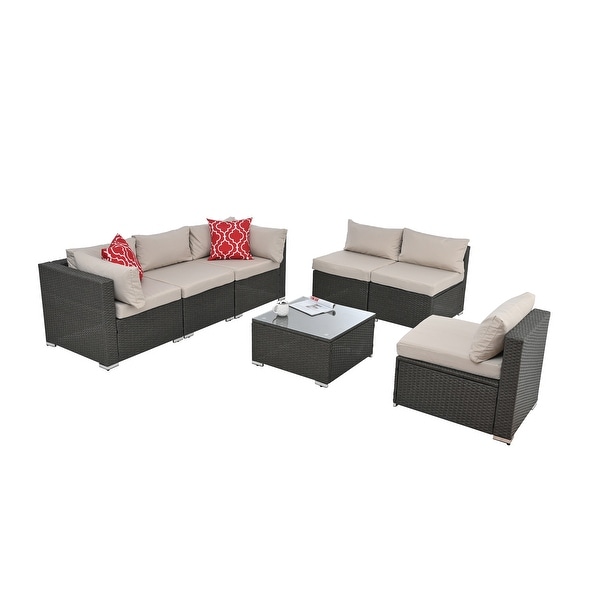 7Pcs Outdoor Sectional Furniture Set，AllWeather PE Rattan Sectional Sofa Conversation Set w/ Coffee Table and Washable Cushions