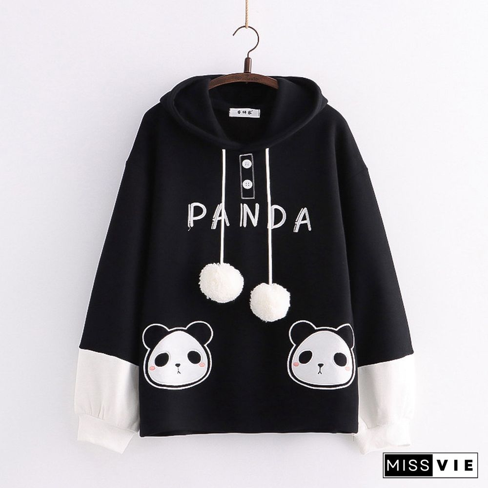 Cartoon Panda Letter Print Colorblock Plush Hoodie