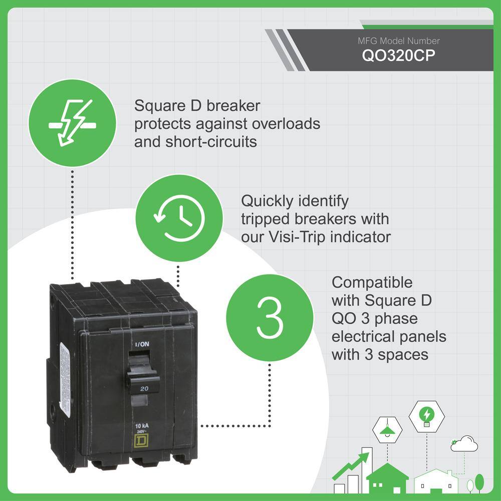 Square D QO 20 Amp 3-Pole Plug-In Circuit Breaker QO320CP