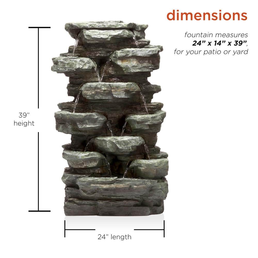 Alpine Corporation 39 in. Tall Outdoor Multi-Tier Rock Water Fountain with LED Lights WIN930