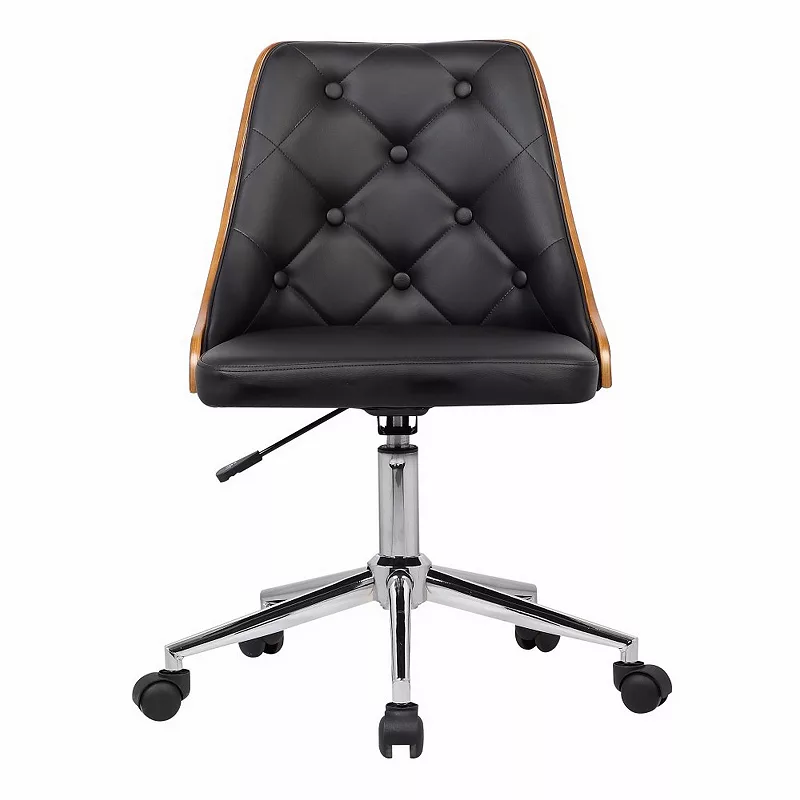 Button Tufted Leatherette Wooden Adjustable Office Chair， Brown and Black