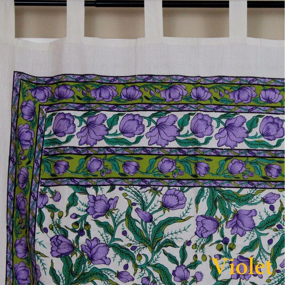 Handmade French Floral Tab Top Curtain 100% Cotton Drape Door Panel in Ivory Blue Black Amber   Violet   44 x 88