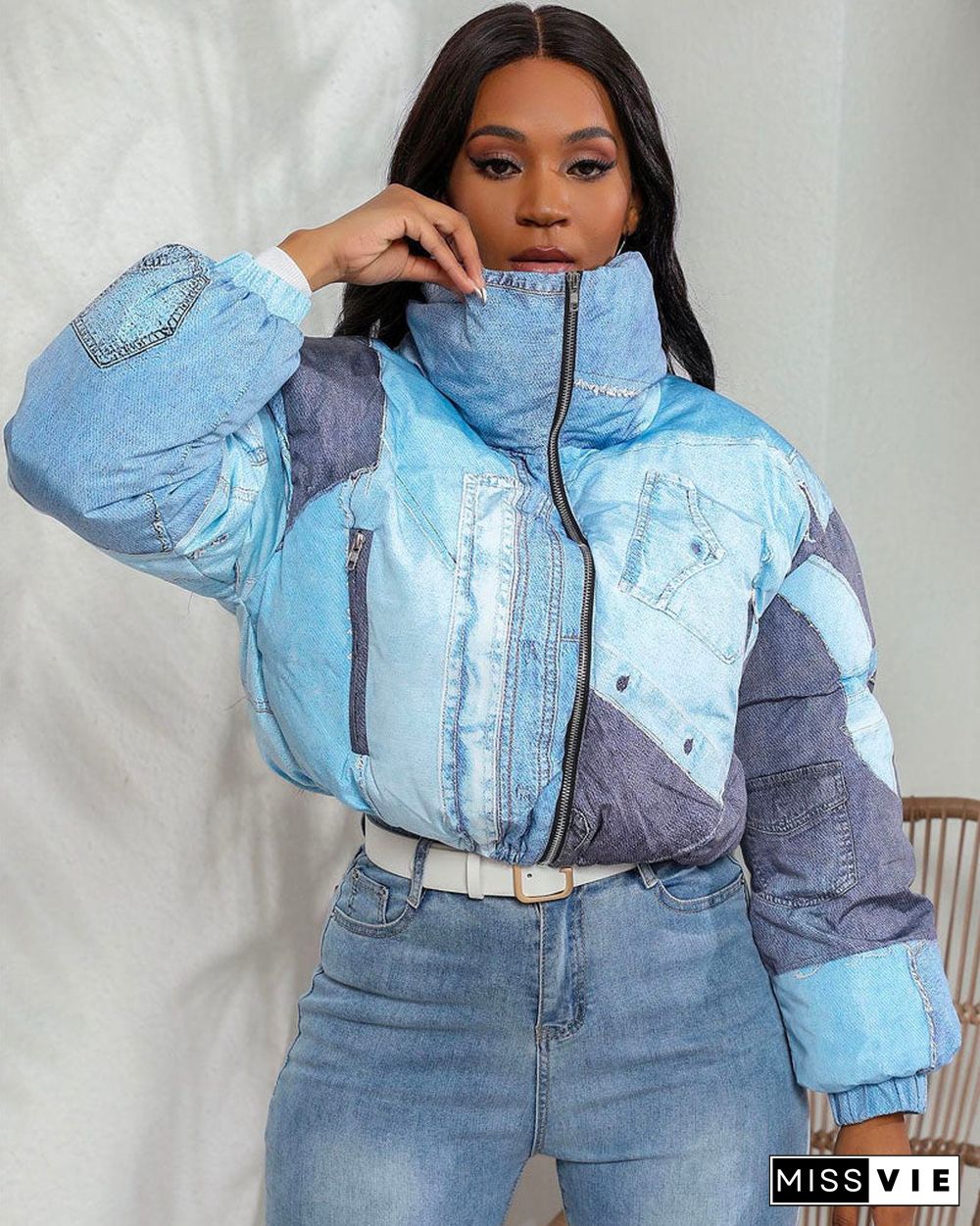 denim-patchwork puffer jacket