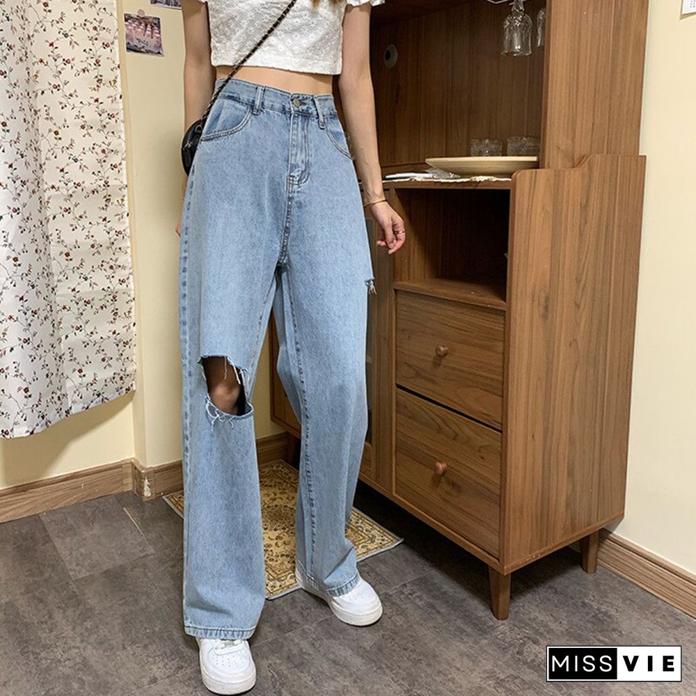 Woman Jeans Ripped High Waist Clothes Wide Leg Denim Clothing Streetwear Vintage Quality Fashion Harajuku Straight Pants